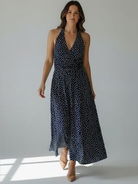 Evan Picone Navy and White Polka Dot Halter Maxi Dress